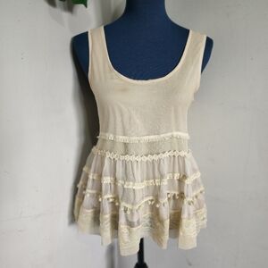 Forever 21 Sheer Lace Pom Pom Overlay Flowy Tank Top